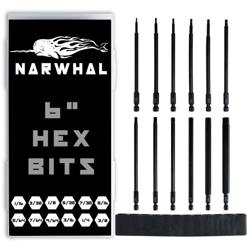 Narwhal 6" Long Allen Hex Bit Set (12 Pack of Drill Bits with Case) 6 Inch Allen Key Hex Bits in The Following SAE Sizes 1/16" 5/64", 3/32", 7/64", 1/8", 9/64", 5/32", 3/16", 7/32", 1/4", 5/16", 3/8 - Image 1